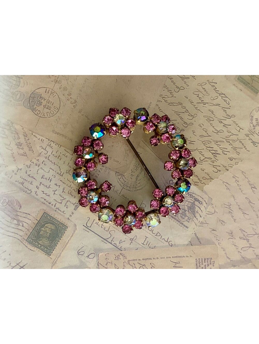 Vintage Sparkling Pink & Aurora Borealis Rhinestone Circle Brooch Pin